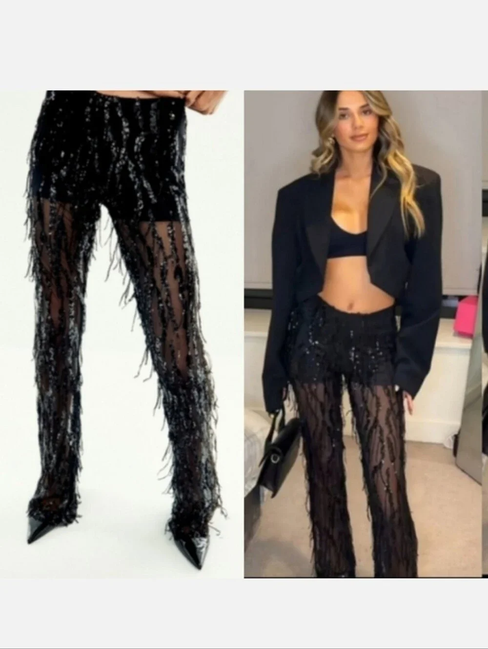 Zara SEQUIN FRINGED FLARE PANTS LEGGINGS BLACK SIZE L